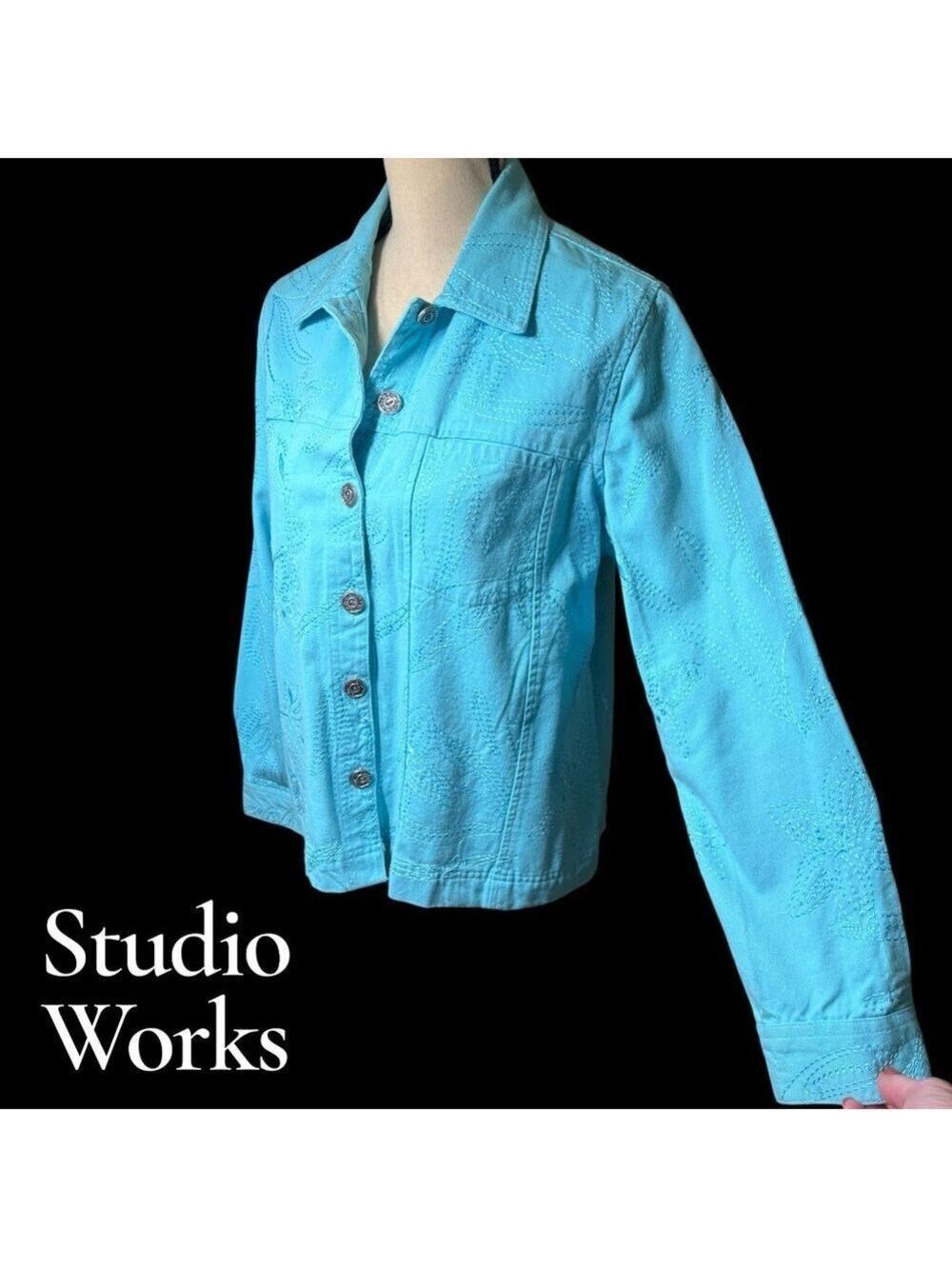 Studio Works Turquoise Embroidered Jean Jacket Size Small. EUC!!!